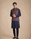 Manyavar Men Dark Blue Brocade Nehru Jacket with Self-Texture