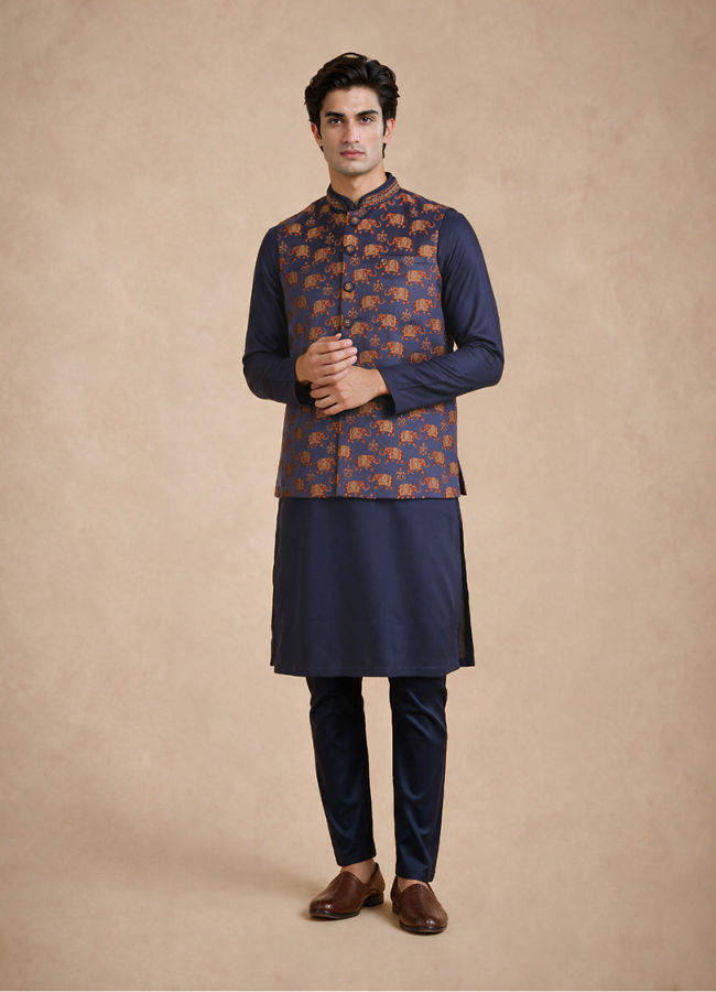 Manyavar Men Dark Blue Brocade Nehru Jacket with Self-Texture