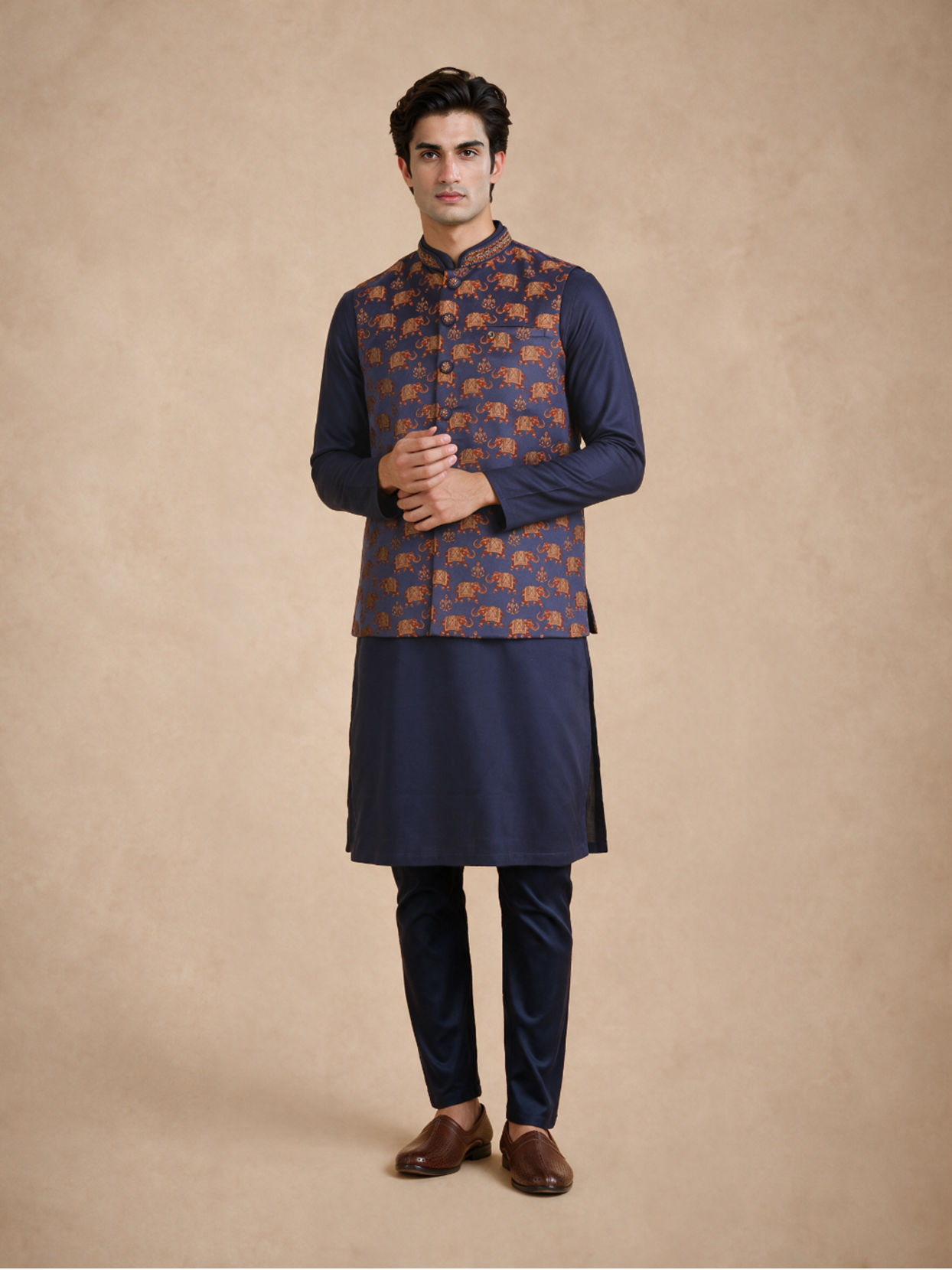 Manyavar Men Dark Blue Brocade Nehru Jacket with Self-Texture