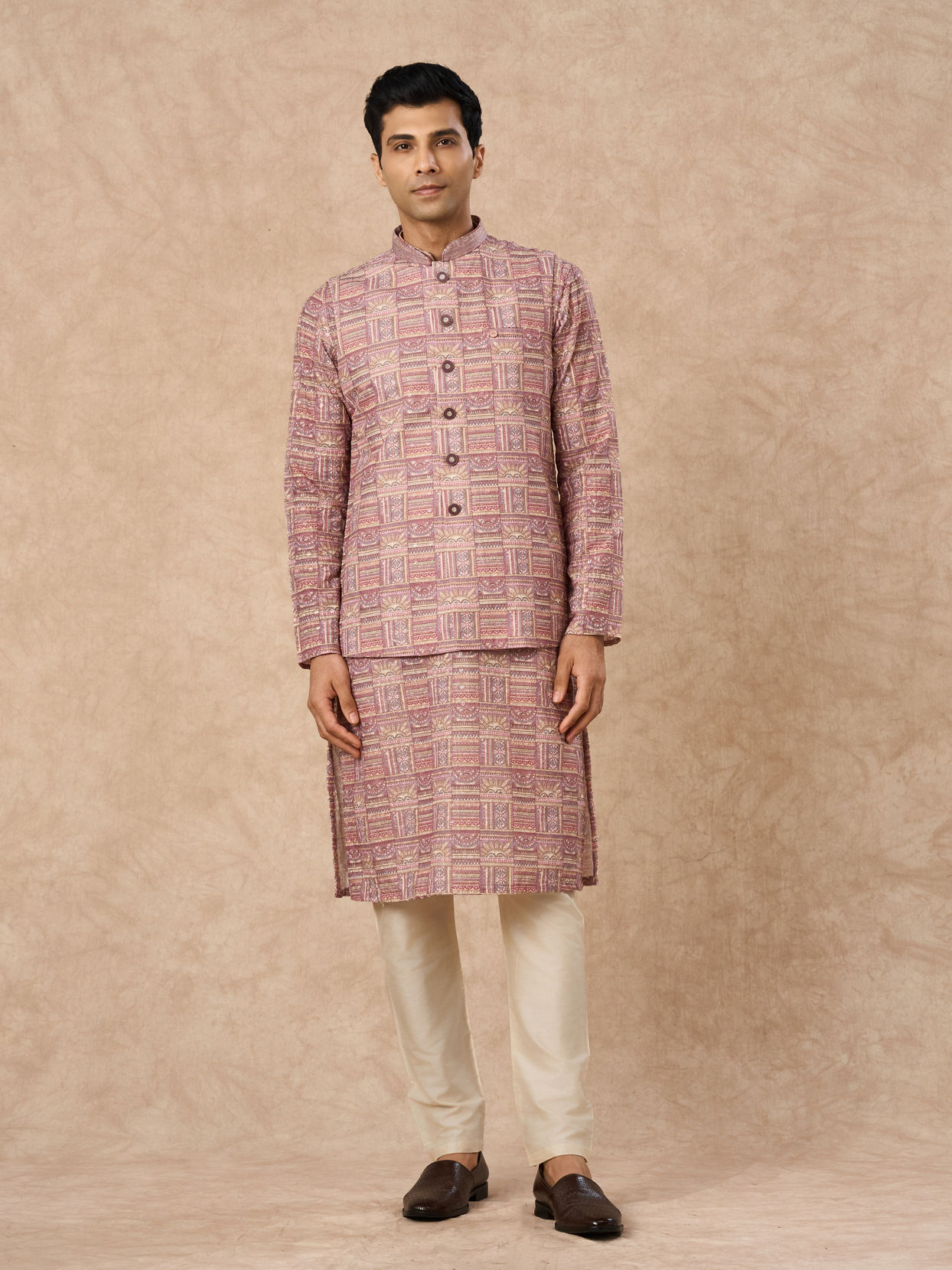 Manyavar Men Dusty Pink Blended Cotton Nehru Jacket