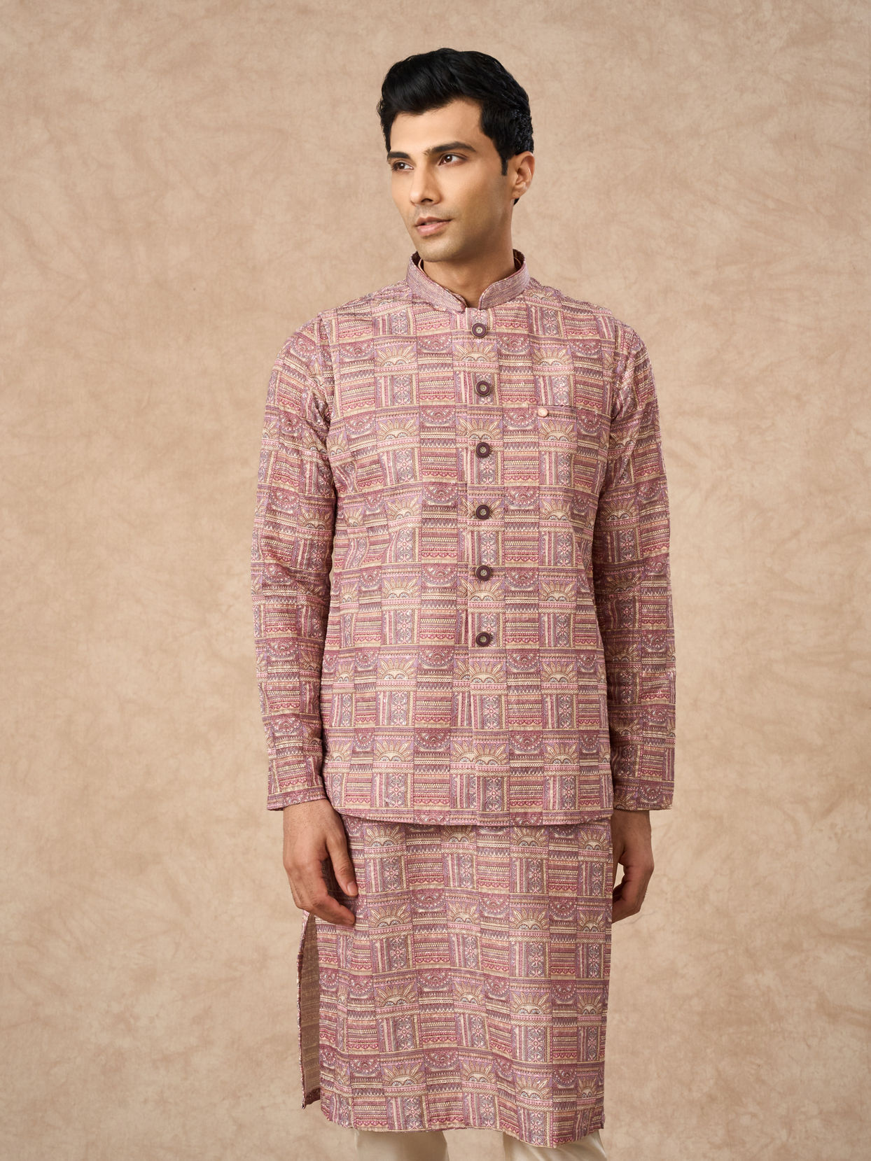 Manyavar Men Dusty Pink Blended Cotton Nehru Jacket