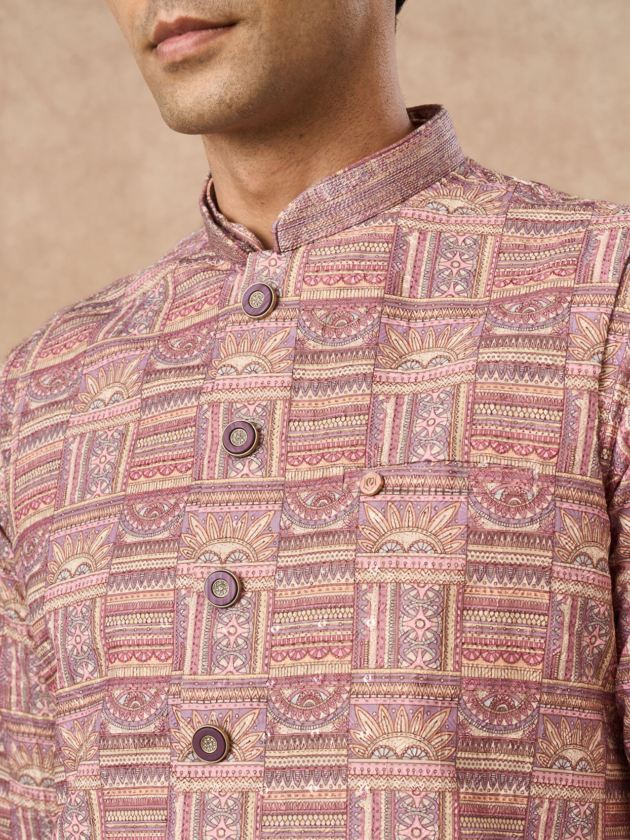 Manyavar Men Dusty Pink Blended Cotton Nehru Jacket