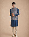 Manyavar Men Dark Blue Brocade Nehru Jacket with Self-Texture