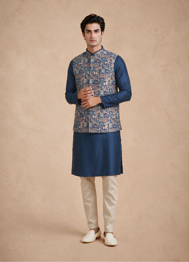 Manyavar Men Dark Blue Brocade Nehru Jacket with Self-Texture
