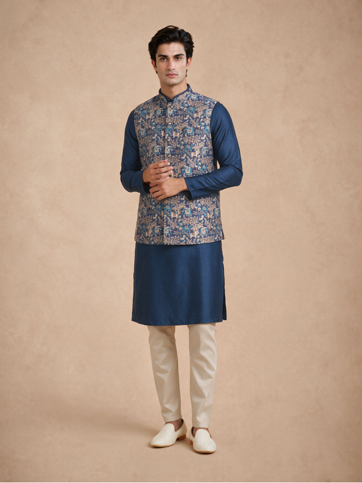 Manyavar Men Dark Blue Brocade Nehru Jacket with Self-Texture