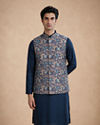 Manyavar Men Dark Blue Brocade Nehru Jacket with Self-Texture
