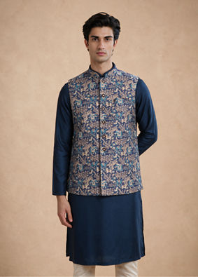 Manyavar Men Dark Blue Brocade Nehru Jacket with Self-Texture
