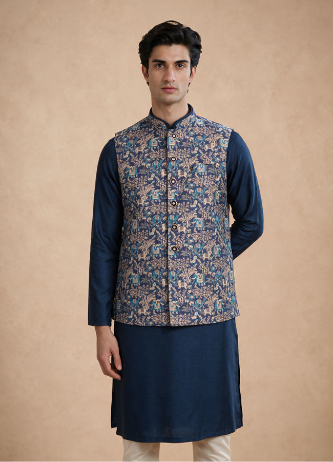 Manyavar Men Dark Blue Brocade Nehru Jacket with Self-Texture