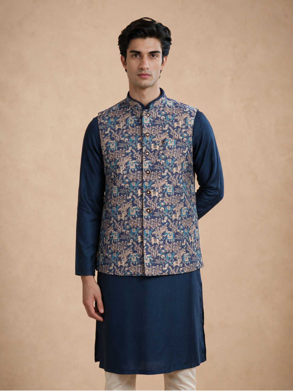 Manyavar Men Dark Blue Brocade Nehru Jacket with Self-Texture