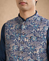 Manyavar Men Dark Blue Brocade Nehru Jacket with Self-Texture