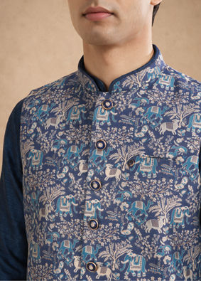 Manyavar Men Dark Blue Brocade Nehru Jacket with Self-Texture
