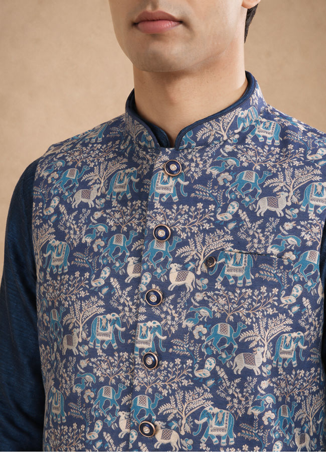 Manyavar Men Dark Blue Brocade Nehru Jacket with Self-Texture