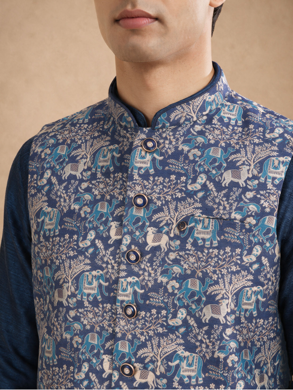Manyavar Men Dark Blue Brocade Nehru Jacket with Self-Texture