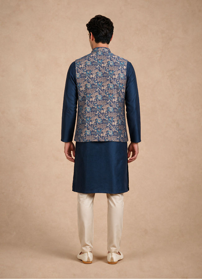 Manyavar Men Dark Blue Brocade Nehru Jacket with Self-Texture