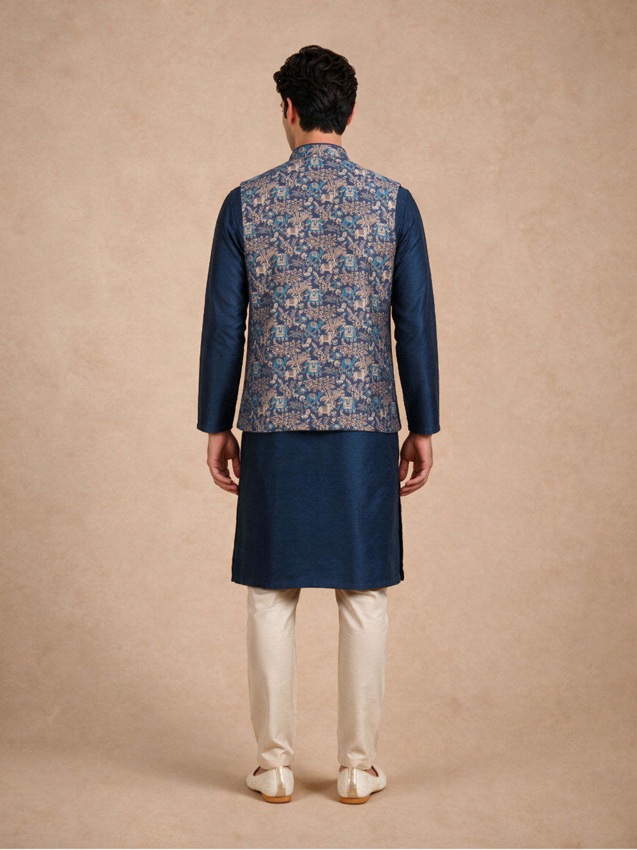 Manyavar Men Dark Blue Brocade Nehru Jacket with Self-Texture