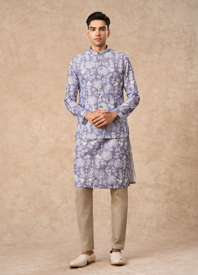 Manyavar Men Lilac Blended Cotton Printed Nehru Jacket