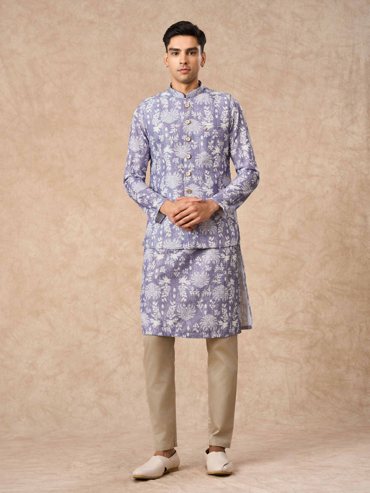 Manyavar Men Lilac Blended Cotton Printed Nehru Jacket