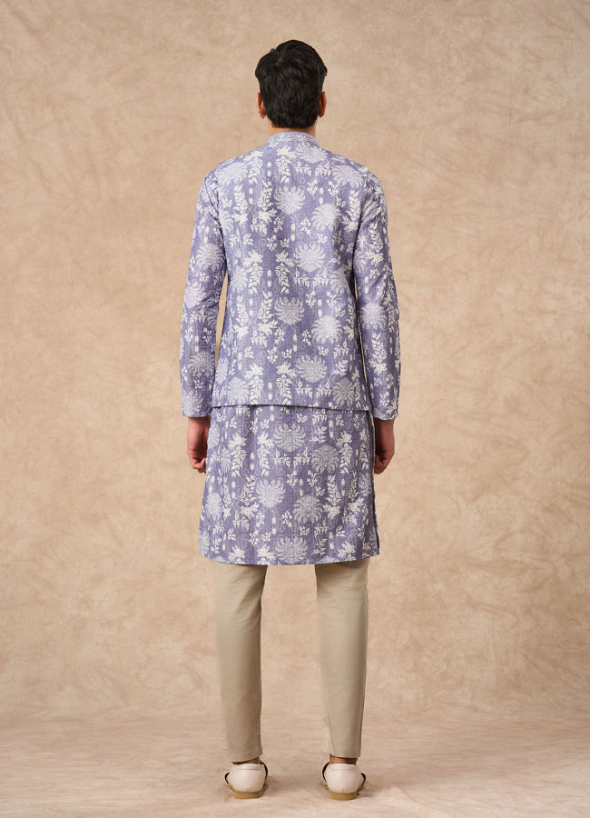 Manyavar Men Lilac Blended Cotton Printed Nehru Jacket