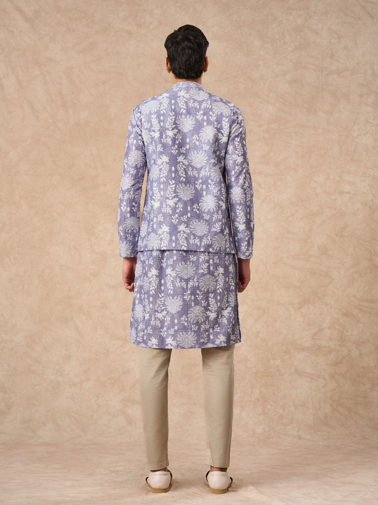 Manyavar Men Lilac Blended Cotton Printed Nehru Jacket