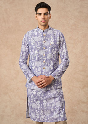 Manyavar Men Lilac Blended Cotton Printed Nehru Jacket