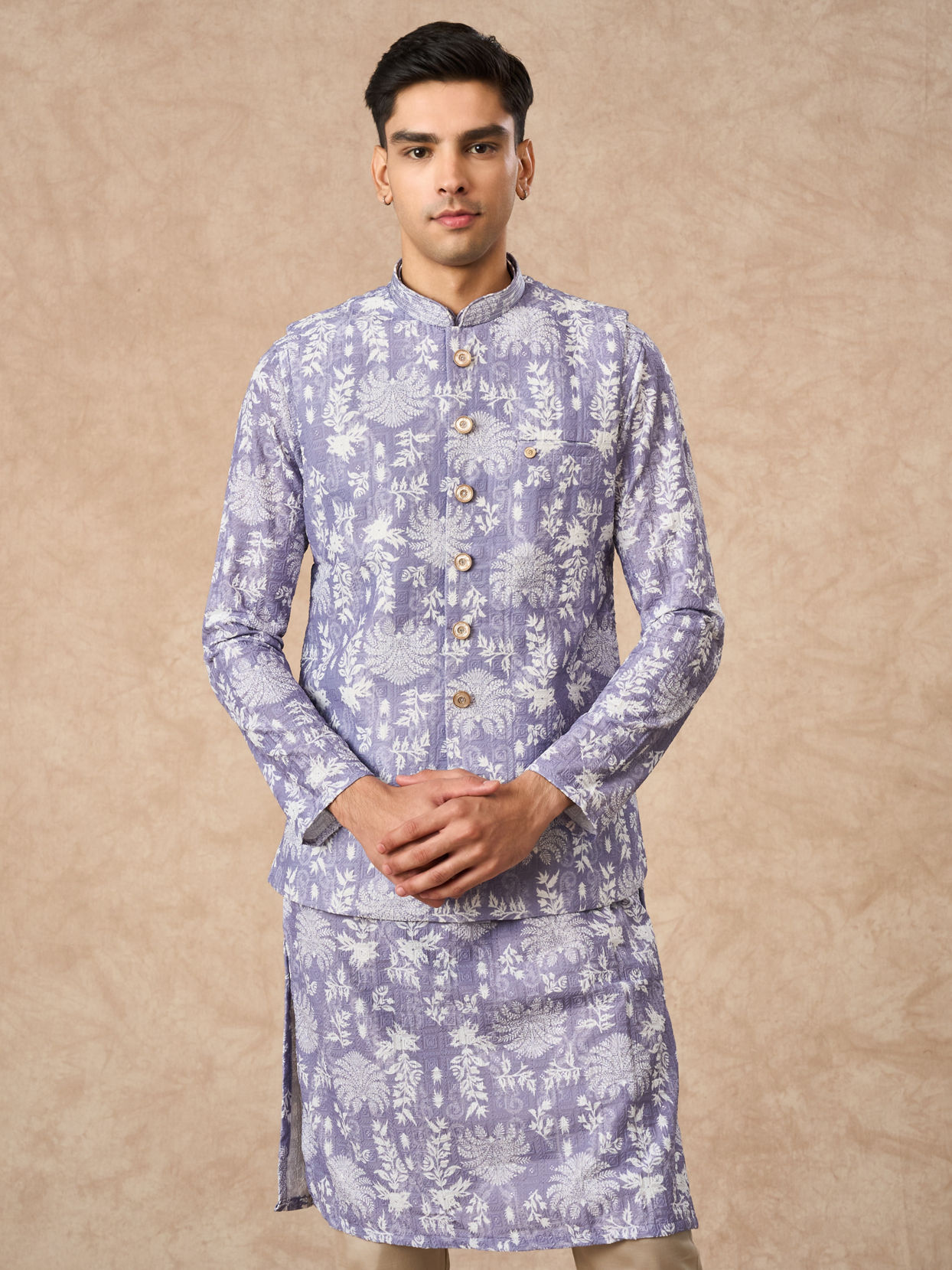 Manyavar Men Lilac Blended Cotton Printed Nehru Jacket