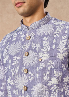 Manyavar Men Lilac Blended Cotton Printed Nehru Jacket