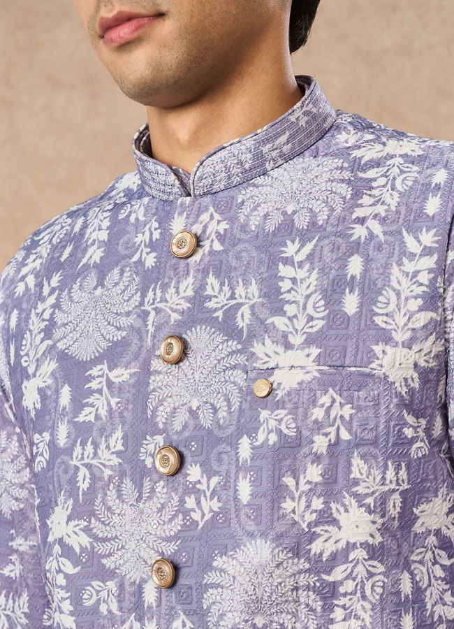 Manyavar Men Lilac Blended Cotton Printed Nehru Jacket