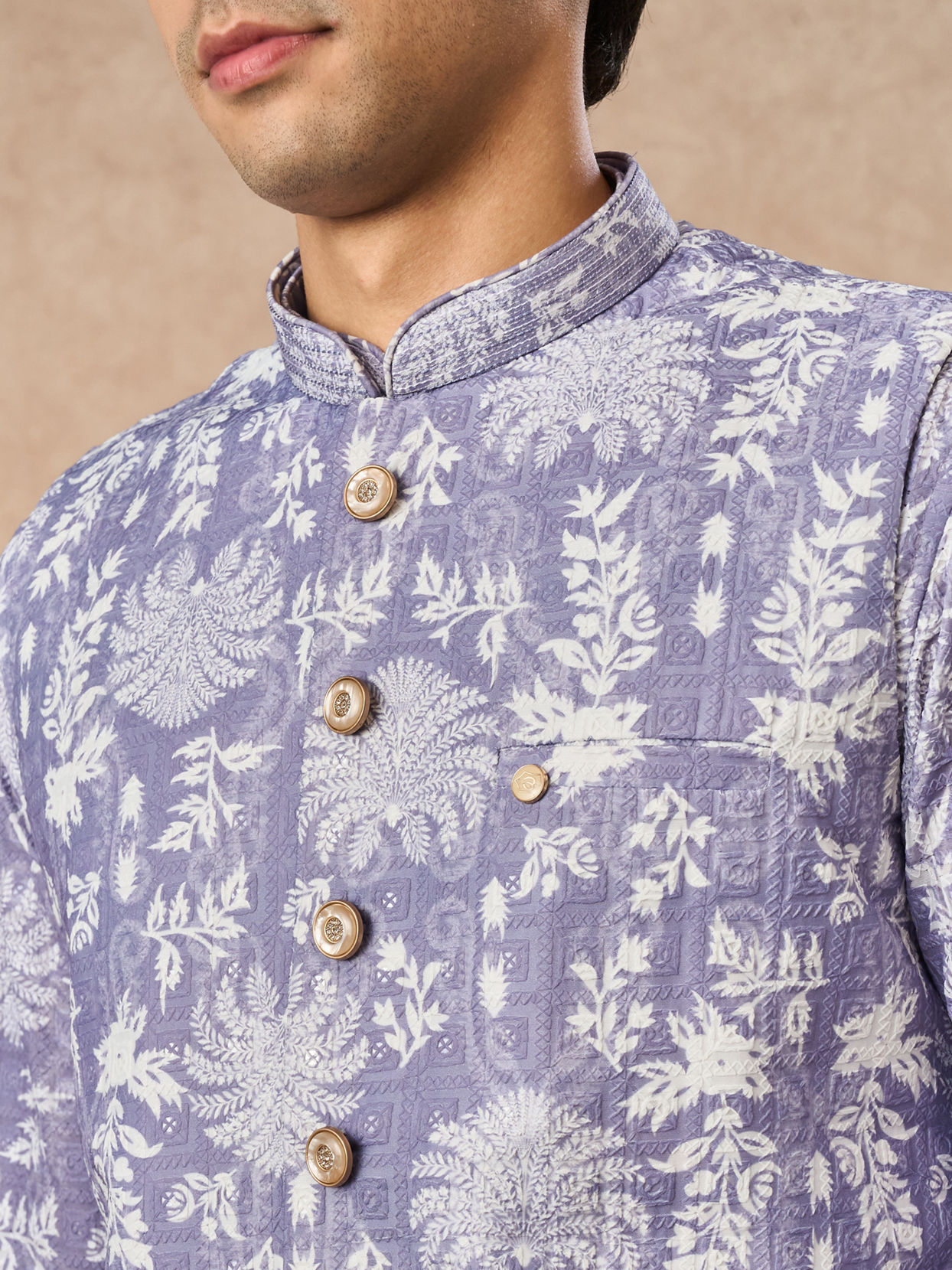 Manyavar Men Lilac Blended Cotton Printed Nehru Jacket
