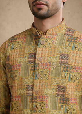 Manyavar Men Yellow Blended Cotton Nehru Jacket