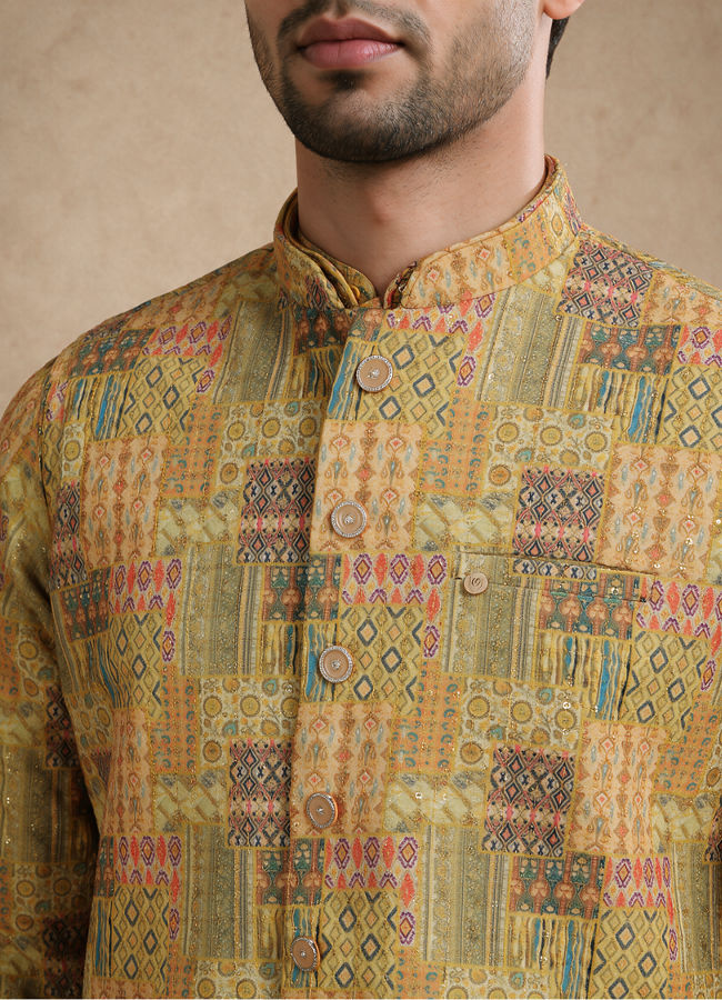 Manyavar Men Yellow Blended Cotton Nehru Jacket