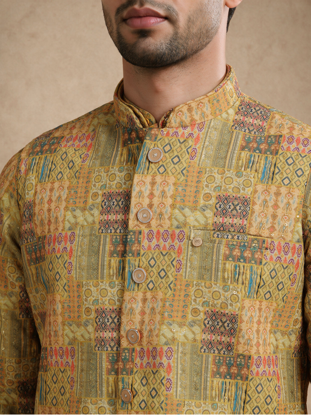 Manyavar Men Yellow Blended Cotton Nehru Jacket