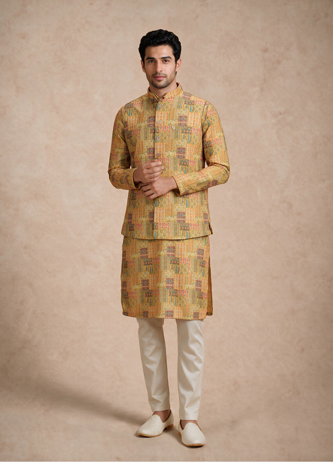 Manyavar Men Yellow Blended Cotton Nehru Jacket