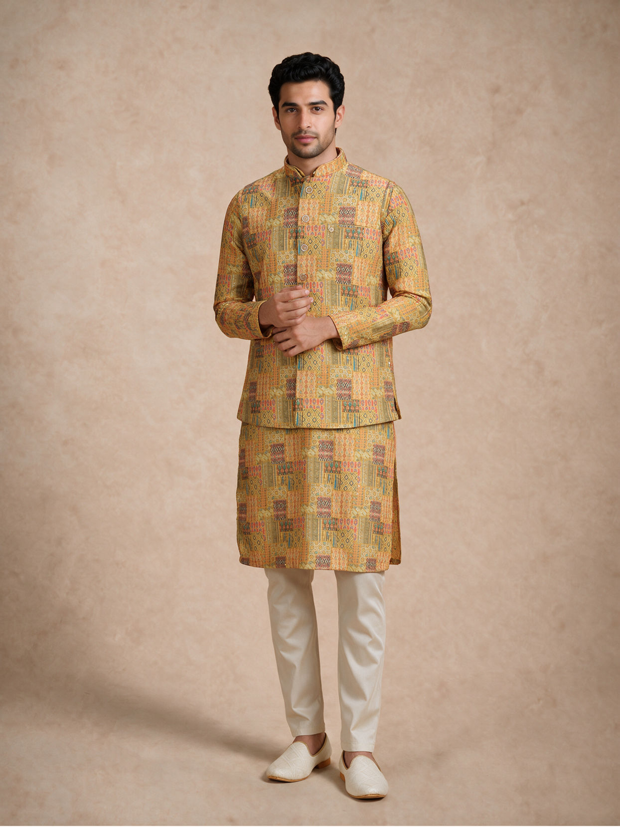 Manyavar Men Yellow Blended Cotton Nehru Jacket