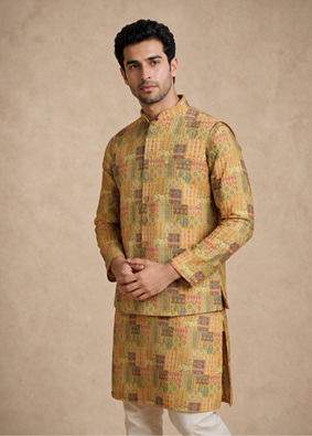 Manyavar Men Yellow Blended Cotton Nehru Jacket