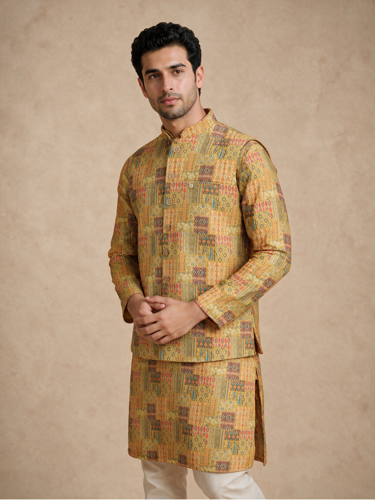 Manyavar Men Yellow Blended Cotton Nehru Jacket