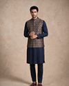 Manyavar Men Blue Brocade Nehru Jacket with Embroidery