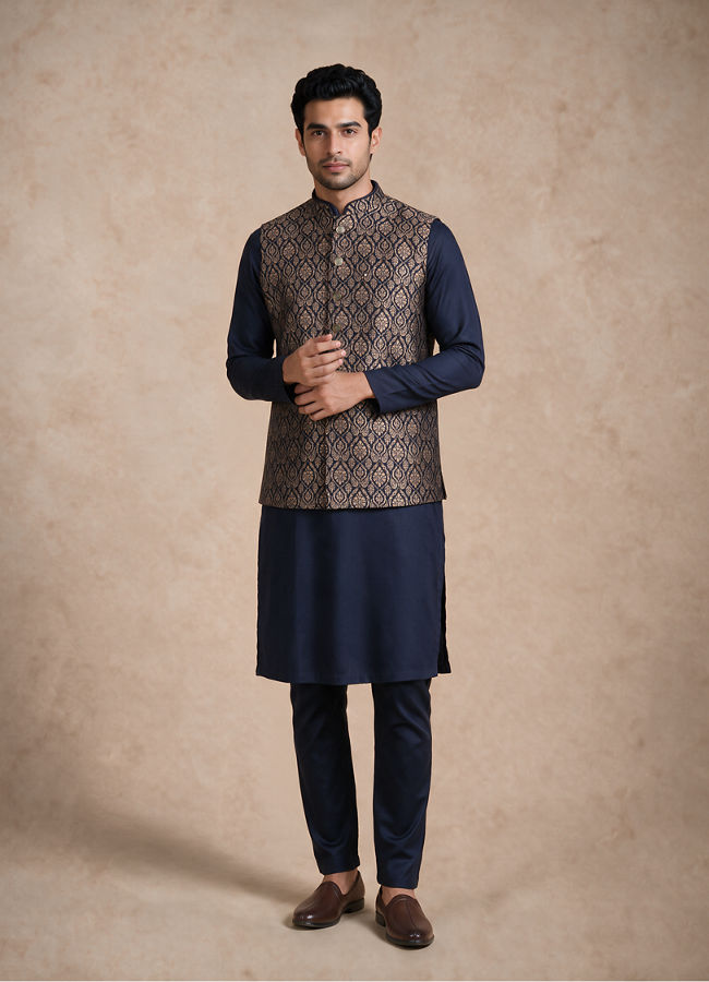 Manyavar Men Blue Brocade Nehru Jacket with Embroidery