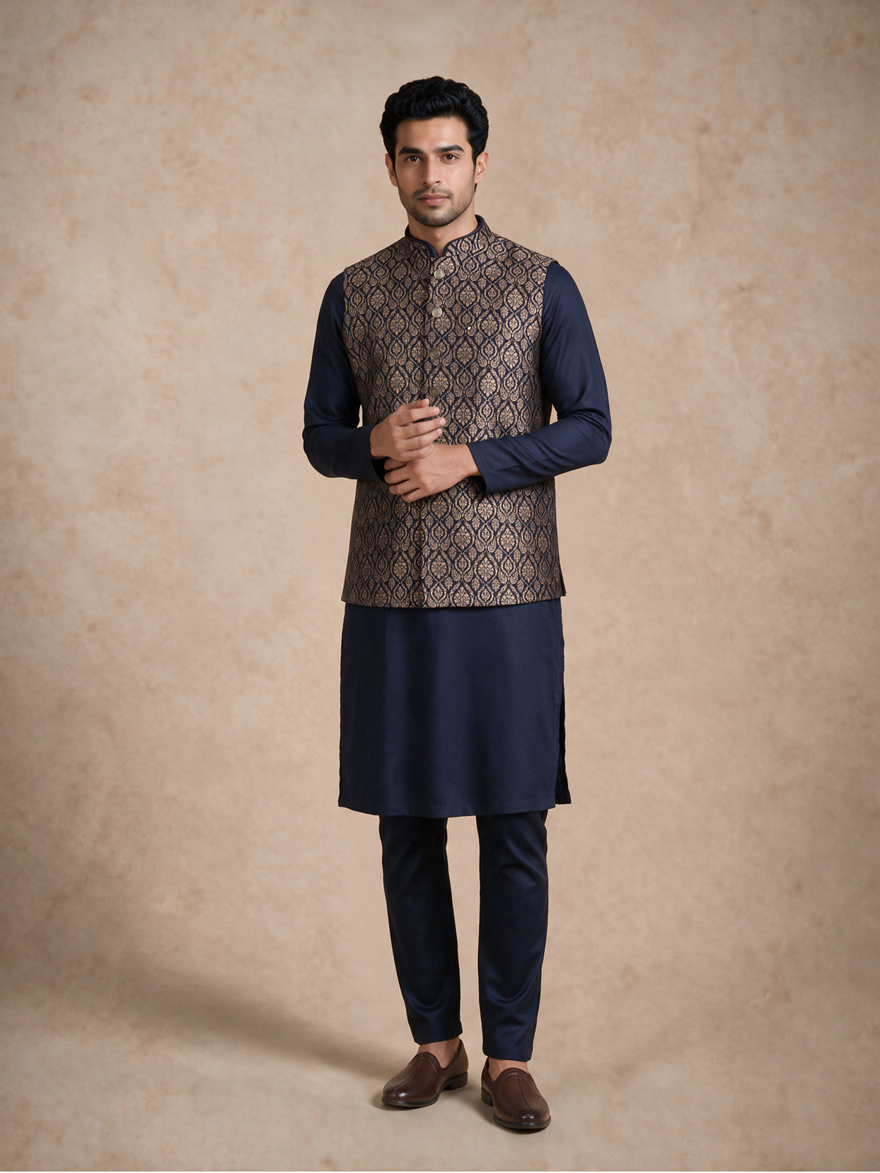 Manyavar Men Blue Brocade Nehru Jacket with Embroidery