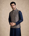 Manyavar Men Blue Brocade Nehru Jacket with Embroidery
