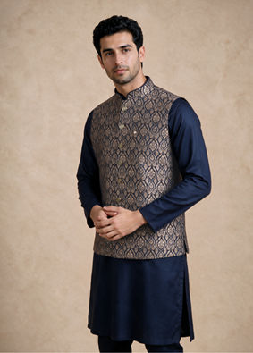 Manyavar Men Blue Brocade Nehru Jacket with Embroidery