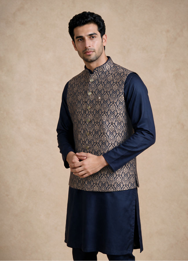 Manyavar Men Blue Brocade Nehru Jacket with Embroidery