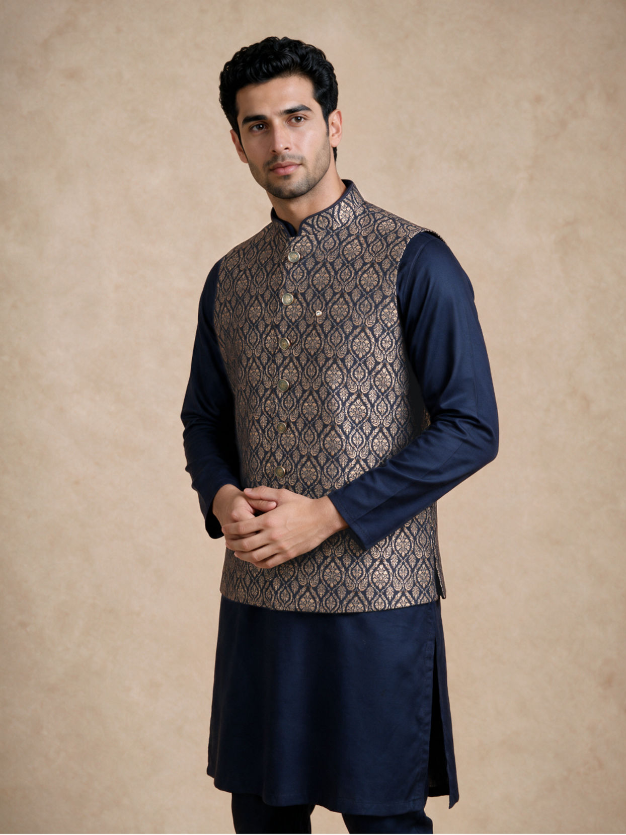 Manyavar Men Blue Brocade Nehru Jacket with Embroidery