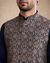 Manyavar Men Blue Brocade Nehru Jacket with Embroidery
