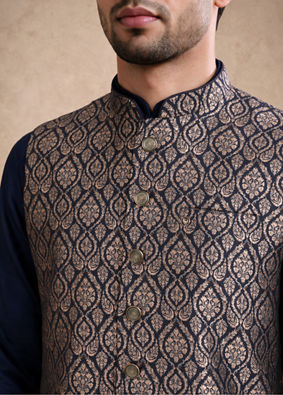 Manyavar Men Blue Brocade Nehru Jacket with Embroidery