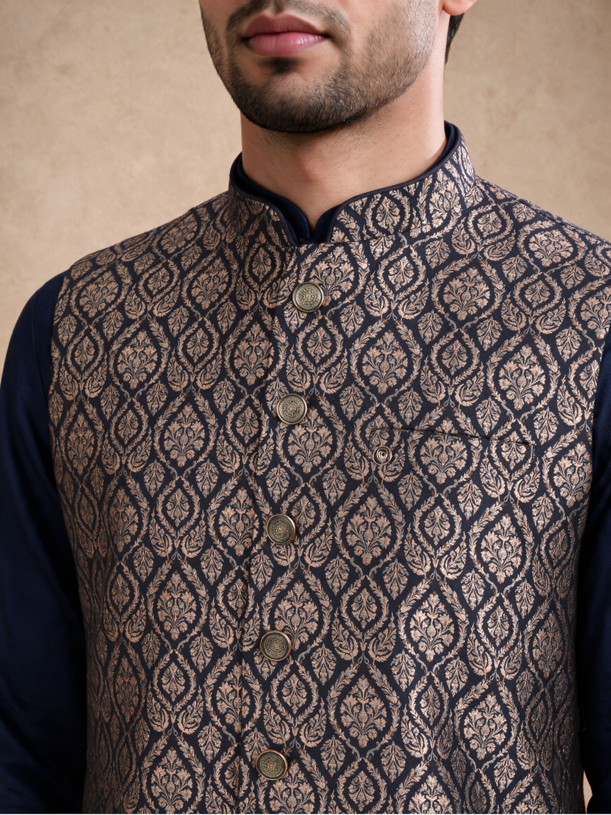 Manyavar Men Blue Brocade Nehru Jacket with Embroidery