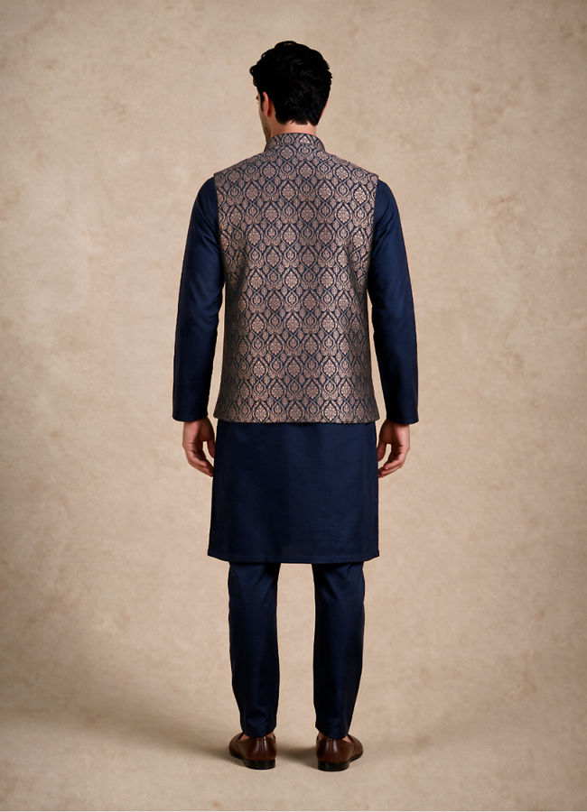 Manyavar Men Blue Brocade Nehru Jacket with Embroidery