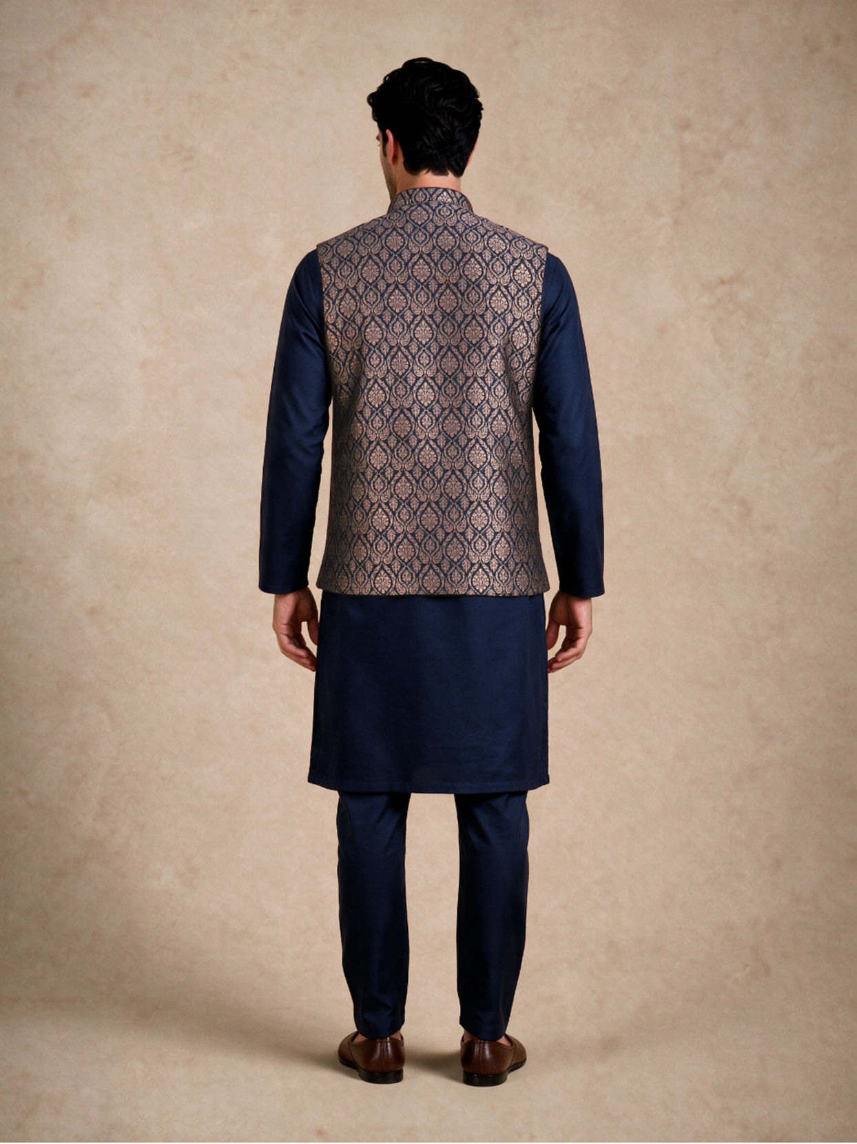 Manyavar Men Blue Brocade Nehru Jacket with Embroidery
