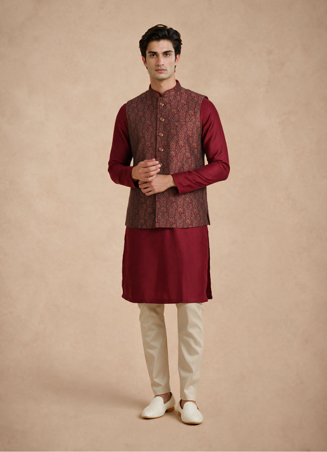 Manyavar Men Maroon Brocade Nehru Jacket with Jacquard