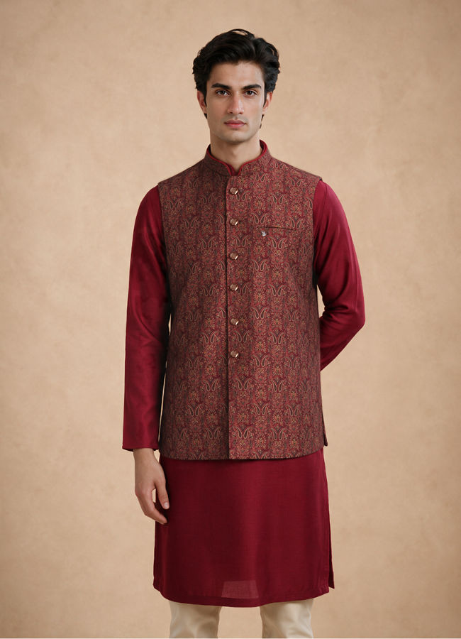 Manyavar Men Maroon Brocade Nehru Jacket with Jacquard