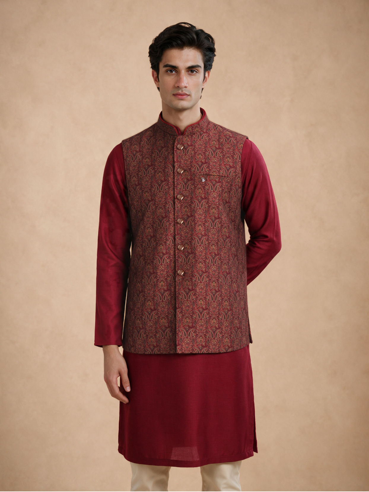 Manyavar Men Maroon Brocade Nehru Jacket with Jacquard